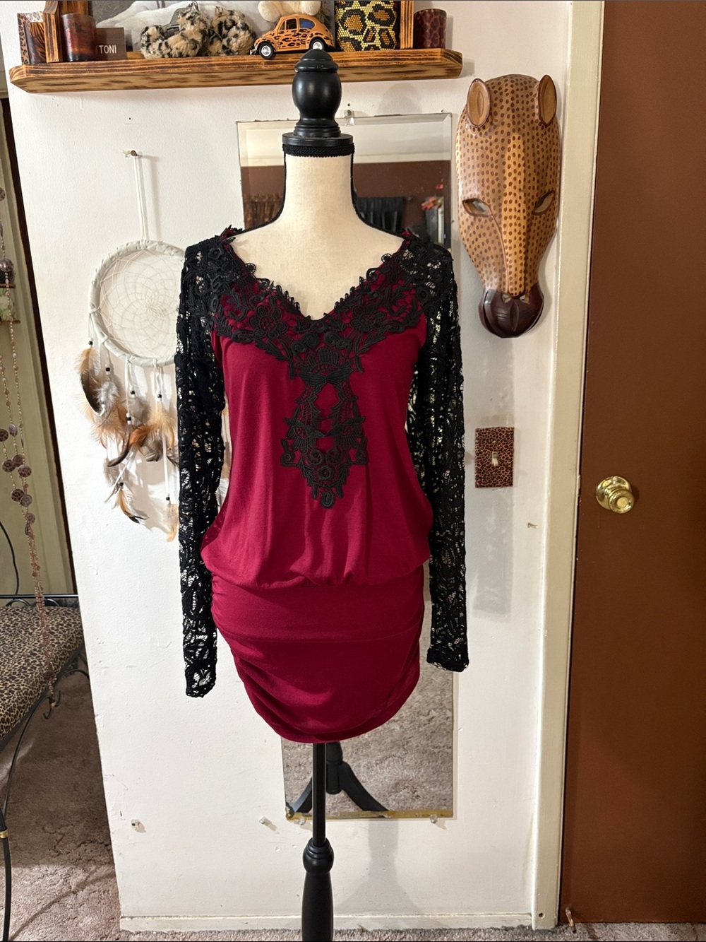 VENUS Burgundy Dress with Black Lace Long Sleeves